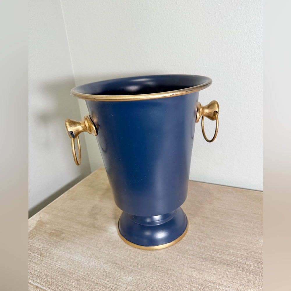 Jaye’s Studio Ice Bucket Colorblock Navy Blue Gold Handle Heavy Base Luxury Home
